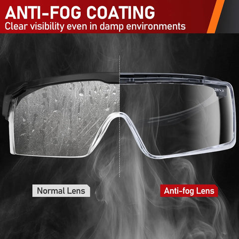 TICONN safety goggles over eyeglasses, front view, anti-fog lens with UV protection, adjustable arms.