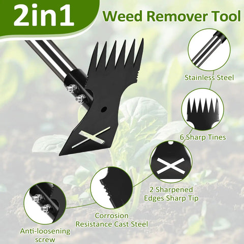 Close-up of 2-in-1 weed remover tool head, showing sharp tines and steel construction, for gardening and weeding.