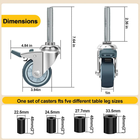 Heavy Duty 4 Inch Caster Wheels Set Of 4 With Expanding Stem And Locking Brakes dimensions and size chart.