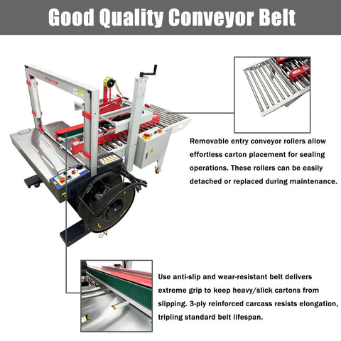 Automatic Carton Sealer And Strapping Machine Crushes Shipping Orders With Blazing Fast Taping And Securing Smart Hands Free Sensor Action Clears Bench Space For Bustling Warehouse Crews with conveyor rollers.