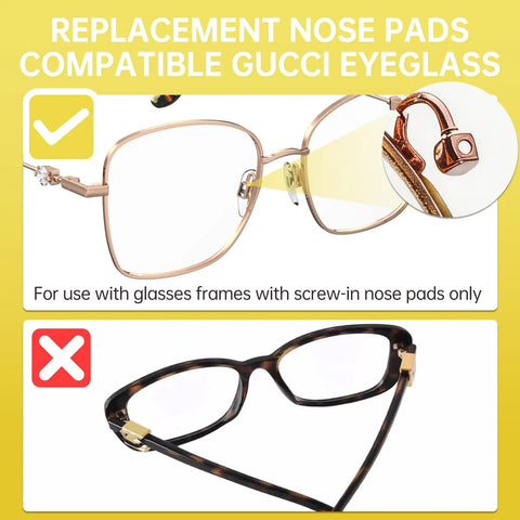 Top Shelf Nose Pads Replacement For Sunglasses And Glasses Comes With Gold And Silver Pair Ultra Snug Antislip bridge pad shown for Gucci eyeglasses.