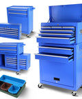 Built Tight Eight Drawer Rolling Tool Chest With Fully Lined Drawers And Locking Base Cabinet For No Mess Garages And Heavy Duty Shop Rigs In True Blue, featuring lined drawers and dual handles.