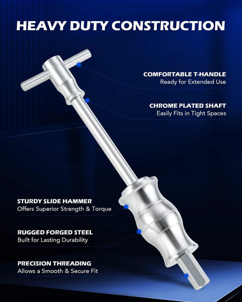 Heavy duty slide hammer from 30 Piece Bearing Puller And Housing Removal Set for Cars ATVs Light Trucks, featuring T-handle and chrome-plated shaft.