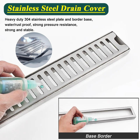 Rock Solid 304 Stainless Steel Deck Drain Grates showing heavy duty trench cover being installed, rust proof and strong.