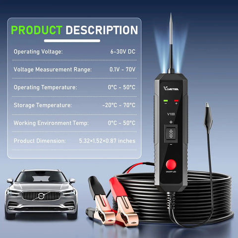 Heavy Duty V100 Auto Voltage Tester Pro for Cars And Trucks with LED, 14.76ft cable, negative and positive clamps, detailed specs