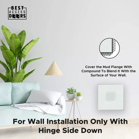 24 By 24 Inch Flush Drywall Access Panel With Sleek Aluminum Face, Quick Mud In Flange, Welded Frame, Removable Hatch Door mounted on wall.