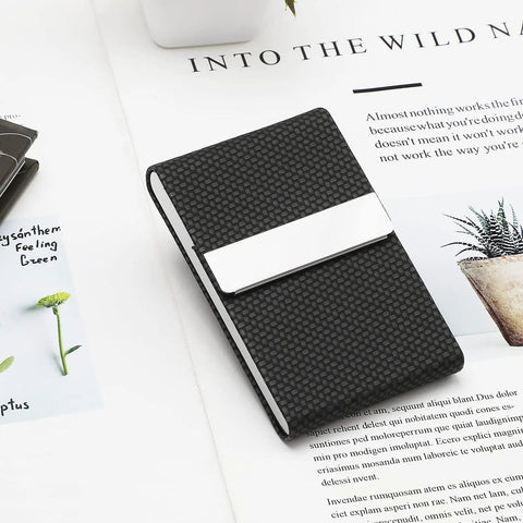Slim RFID Blocking Card Holder In Black Carbon PU Leather And Stainless Steel With Magnetic Closure Holds 15 To 25 Cards For Men And Women
