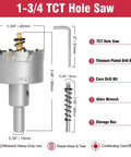 Heavy Duty Carbide Hole Saw 1-3/4 Inch With Titanium Center Bit and accessory dimensions, ideal for cutting metals and wood.