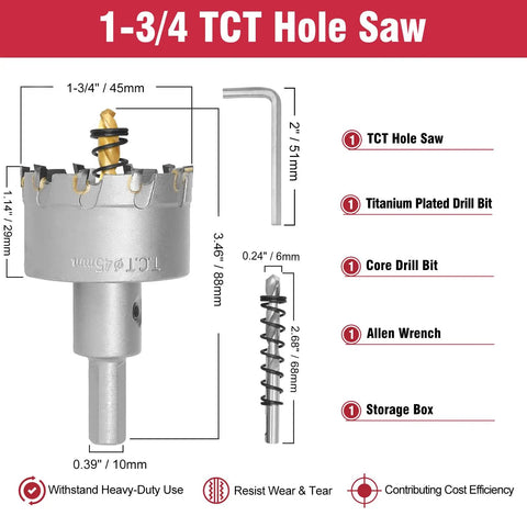 Heavy Duty Carbide Hole Saw 1-3/4 Inch With Titanium Center Bit and accessory dimensions, ideal for cutting metals and wood.