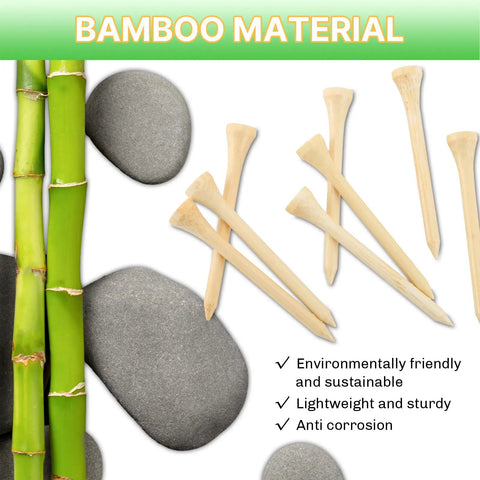 Bamboo background with 1000 Count Bamboo Golf Tees Two And Three Quarters Inch Long Beefy 7X Stronger Than Wood displayed over stones.