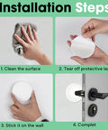 Installation steps for self adhesive six piece door stopper set in medium 2 inch size cushions impact, prevents door slams and knob damage