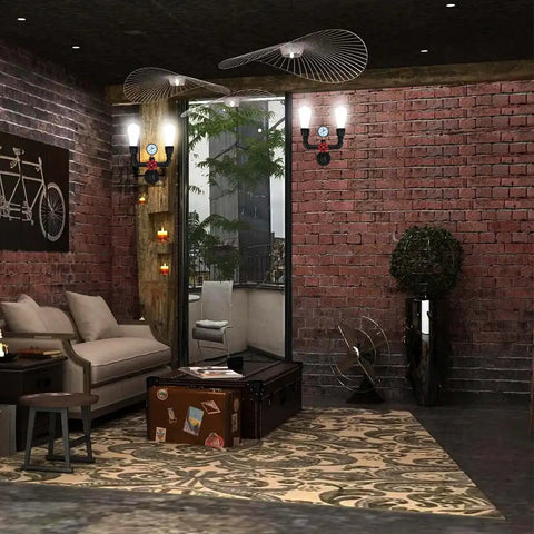 Retro Industrial Wall Lamp Sconce With Two Lights illuminating a stylish living room with vintage decor and exposed brick walls.