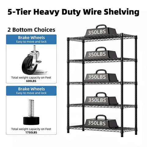 Heavy Hitter 5 Tier Wire Shelving Rack With Rock Solid Carbon Steel Frame And Smooth Rolling Casters for heavy item storage.