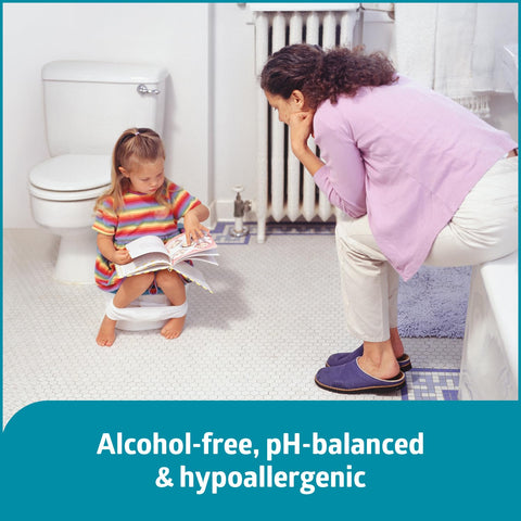 Mother and child in bathroom with On-The-Go Travel Size Flushable Wipes Unscented With Aloe Biodegradable Wet Wipes visible.
