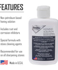 Honing Oil For Sharpening Stones 4oz Bottle with features list, non-petroleum formula, rust inhibitors, and stone cleaning agents.