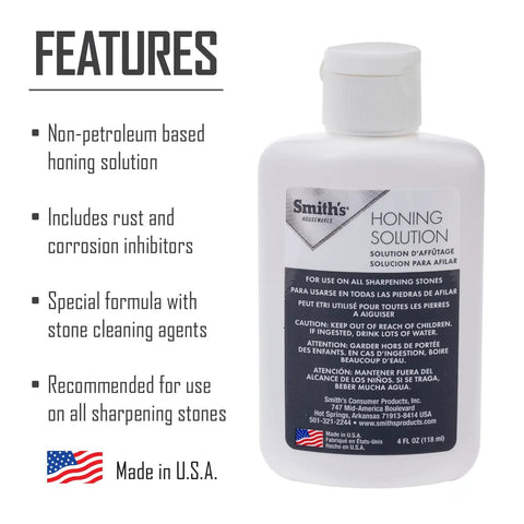 Honing Oil For Sharpening Stones 4oz Bottle with features list, non-petroleum formula, rust inhibitors, and stone cleaning agents.