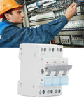 Manual Transfer Switch For 400VAC 63A 3 Pole DIN Rail Mount Isolating Circuit Breaker shown with technician wiring panel