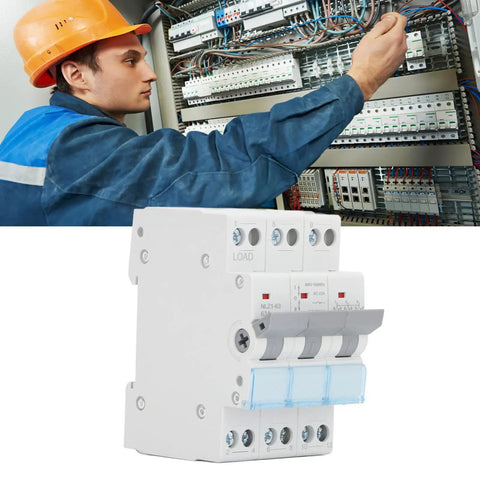 Manual Transfer Switch For 400VAC 63A 3 Pole DIN Rail Mount Isolating Circuit Breaker shown with technician wiring panel
