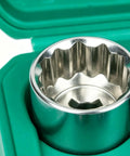 Heavy Duty 12 Point Socket Set Mechanic Tool Kit With Storage Case Adapter. 12-point steel socket in green case, close-up.
