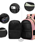Om Sacred Lotus Mandala Art Backpack showing large open compartment and pockets for phone, pens, and papers, durable polyester design.
