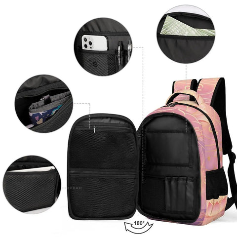 Om Sacred Lotus Mandala Art Backpack showing large open compartment and pockets for phone, pens, and papers, durable polyester design.