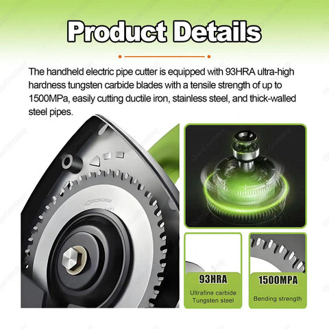 Quick Slice Handheld Electric Pipe Cutter Adjustable 3200RPM with tungsten carbide blade and detailed specifications for cutting steel pipes.
