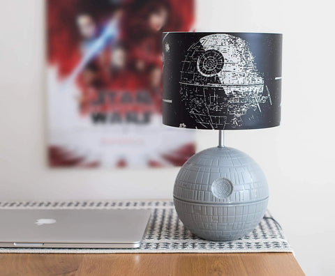 Death Star 3D Touch Lamp USB LED Desk Light with printed Death Star shade, 14 inch tall, 8 inch diameter, on desk next to laptop
