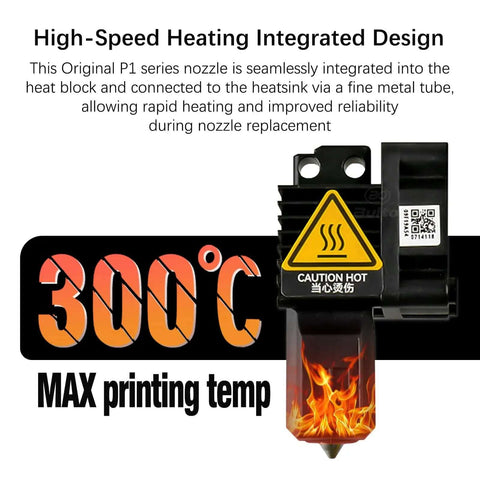 P1S P1P 3D Printer Hotend Assembly With Hardened Steel 0.4mm Nozzle showing 300°C max printing temp and caution label.
