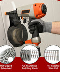 Person using nail gun with 3600 Count Siding Nails One And A Quarter Inch Ring Shank 0.092 Inch Diameter 15 Degree Hot Dipped Galvanized Collated Wire