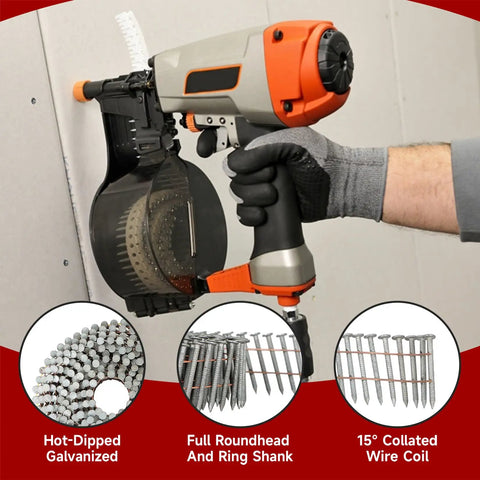 Person using nail gun with 3600 Count Siding Nails One And A Quarter Inch Ring Shank 0.092 Inch Diameter 15 Degree Hot Dipped Galvanized Collated Wire