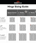 Hinge sizing guide showing dimensions and styles for Heavy Duty 4 Inch Interior Door Hinges White Steel 3 Pack.