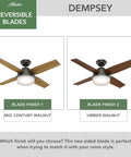 44 Inch Indoor Ceiling Fan With LED Light And Remote Control showing reversible blades, bronze finish, two blade options.