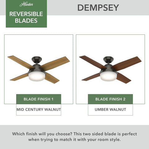 44 Inch Indoor Ceiling Fan With LED Light And Remote Control showing reversible blades, bronze finish, two blade options.