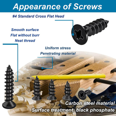 Close-up of 620 Piece M3 Wood Screws Assortment Kit with Phillips drive flat head, black screws on wood, DIY furniture maintenance.