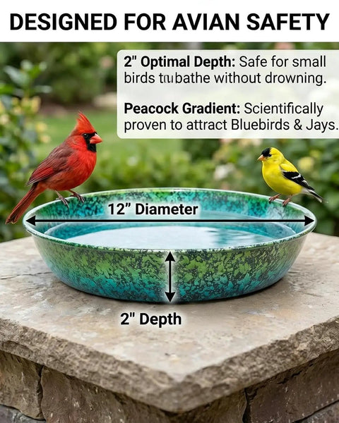 Built Tough As Heck Metal Bird Bath Replacement Bowl For Outside And Yards 12 Inch Shatterproof Frost Proof Basin shown with birds.
