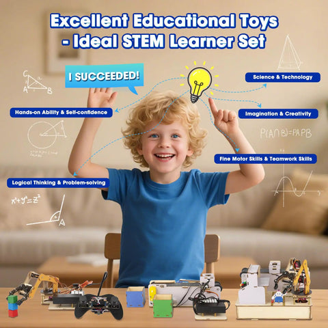 IoT STEM Kit For Kids And Teens, Smart Factory Starter Pack For Arduino ESP32, Learn Electronics And Programming With Real World Automation Projects, Compatible With Arduino Scratch, Robotic Arm, Sorting System, Smart Warehouse, 10 Plus, child with STEM kit parts