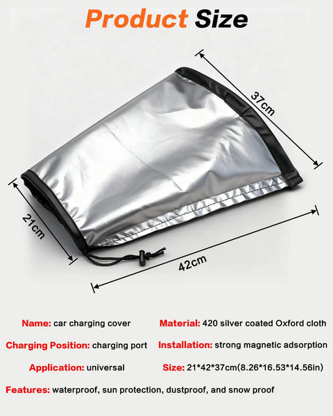 Universal EV Charger Cover No Sweat Waterproof Rain And Snow Protection Rock Solid Magnetic Grip Double Sided Shield For All Electric Vehicles showing size details and material.