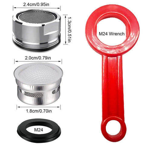 Six Pack Universal Bathroom Sink Faucet Aerator Replacement Set includes chrome brass aerators, M24 gasket, and bonus wrench.