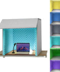 Portable Desktop Soundproof Vocal Booth And Mic Isolation Shield Kills Room Echo Flat Using Dense Acoustic Foam For Clean Vocals and Tight Streaming Setups Daily, compact design on desk with microphone and laptop.