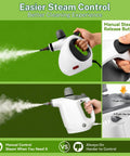 Oviievek Handheld Steam Cleaner With 15 Pcs Accessories And 1050W Fast Heating demonstrating manual steam release control.