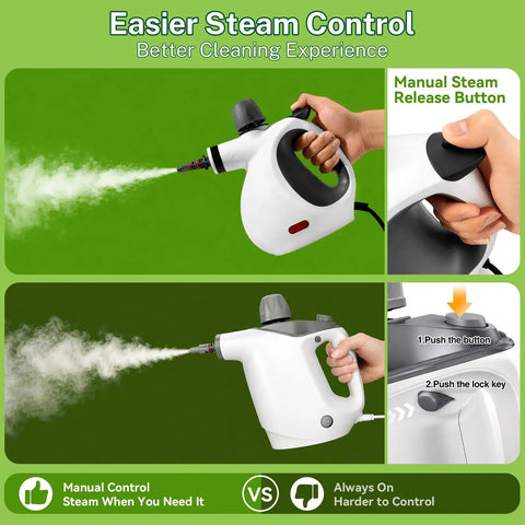 Oviievek Handheld Steam Cleaner With 15 Pcs Accessories And 1050W Fast Heating demonstrating manual steam release control.