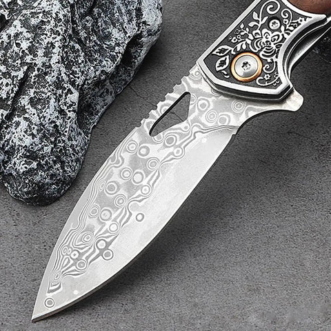 Dope Damascus Steel Folding Pocket Knife With 3.46 Inch Drop Point Blade ornate handle design by stone