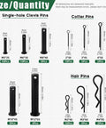 Assortment of 11 sizes clevis, cotter, hair pins; All In One 67 Piece Flat Head Cotter Pins Assortment Kit With R Clips Clevis Pins And Split Cotter Pins Stainless Steel Black Finish 11 Sizes For DIY Auto Home Improvement Projects Keadic
