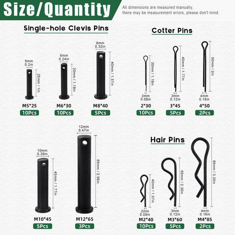 Assortment of 11 sizes clevis, cotter, hair pins; All In One 67 Piece Flat Head Cotter Pins Assortment Kit With R Clips Clevis Pins And Split Cotter Pins Stainless Steel Black Finish 11 Sizes For DIY Auto Home Improvement Projects Keadic