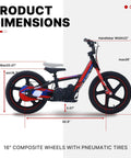 Lightweight Electric Dirt Bike For Kids Kid Friendly, 24V Detachable Battery, 170 340W Motor, Dual Hand Brakes, Twist Throttle, Off Road Electric Balance Bike For Ages 3 To 12, Speeds Up To 10 To 12 MPH, Safe For Beginners And Fun. side view with 16-inch composite wheels and dimensions
