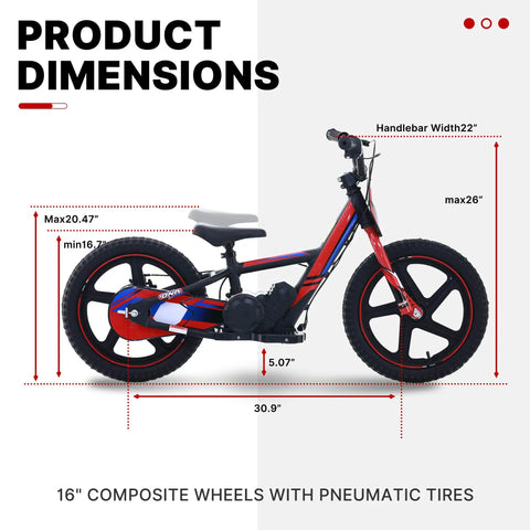 Lightweight Electric Dirt Bike For Kids Kid Friendly, 24V Detachable Battery, 170 340W Motor, Dual Hand Brakes, Twist Throttle, Off Road Electric Balance Bike For Ages 3 To 12, Speeds Up To 10 To 12 MPH, Safe For Beginners And Fun. side view with 16-inch composite wheels and dimensions