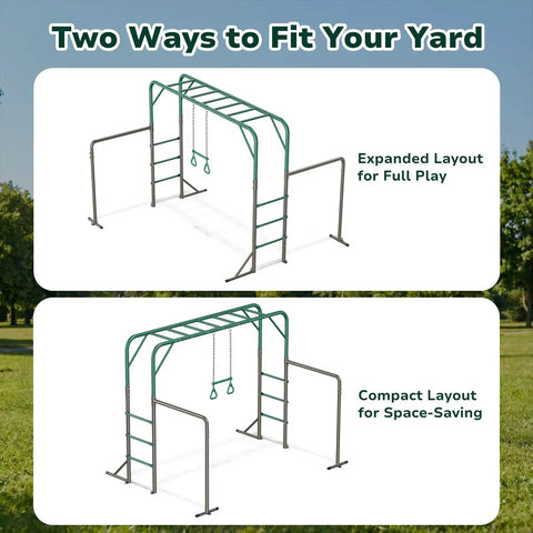 3 In 1 Monkey Bars Set With Gymnastics Bars And Trapeze Swing For Backyard Fun, Heavy Duty Metal Frame Supports Up To 400 Lbs, Weather Resistant Outdoor Playset