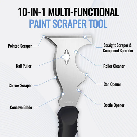 10 In 1 Putty Knife And Paint Scraper Tool With Hammer End, Stainless Steel Blade, Ergonomic PP And TPR Handle, Multi Purpose Home Renovation And Pro Painter Scraping Tool For DIY Projects For Pros And DIYers, front view