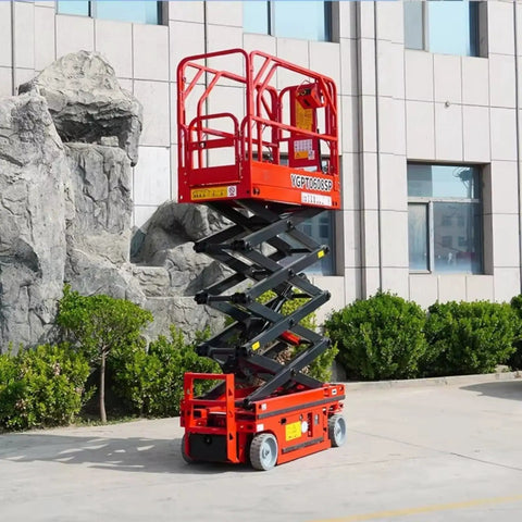 Industrial Scissor Lift Platform For Smooth Cargo Transfer And Equipment Maintenance Hydraulic Lifter, red, outdoors, raised for maintenance.