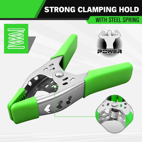 Front view of Swanlake 6-inch heavy-duty metal spring clamp with bright green handles
